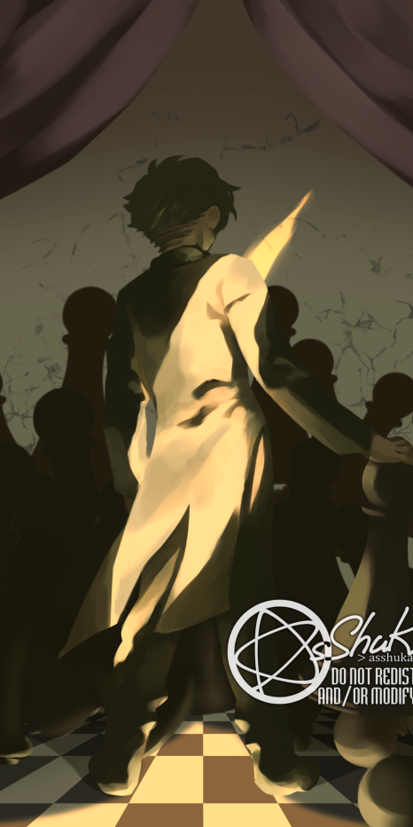 A sepia-tinted painting of a boy with his back facing the viewer, and a bunch of giant pawn pieces in front of him. A strip of light lights his back harshly.