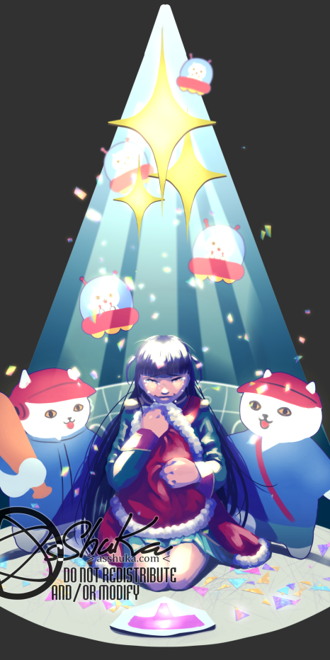 A painting of a girl with long dark hair (the character Tsuyuzaki Mahiru from Revue Starlight) under a spotlight. She's holding a red coat tight while crying, while strange standee mascots comfort her.