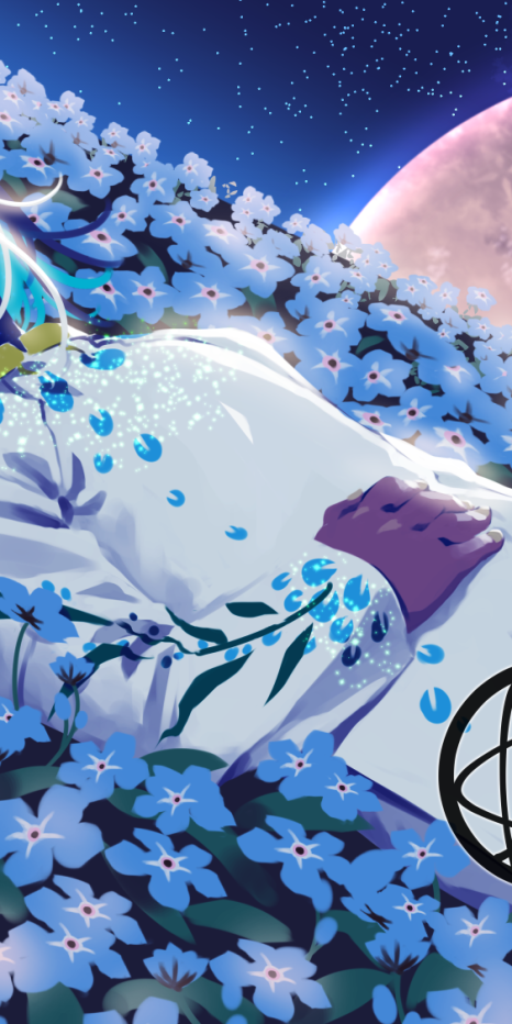 A painting of a white-haired boy (the character Utatane Piko) wearing aodai and laying in a field of forget-me-nots.