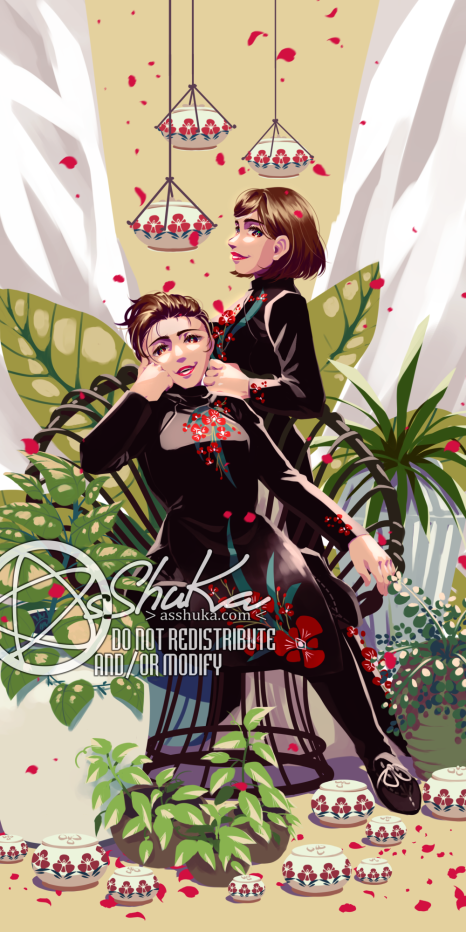 A painting of two women (both the character MEIKO) in black aodai with red orchid motifs. One is sitting on a chair and smirking, while one is behind her with one hand on the back of the chair. Various plants and jars decorate the set.