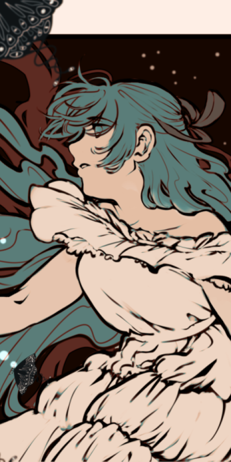 A drawing of a girl with bold outlines. She's extending out one hand, her wavy hair impossibly long. There are strange moths flying all over the space.