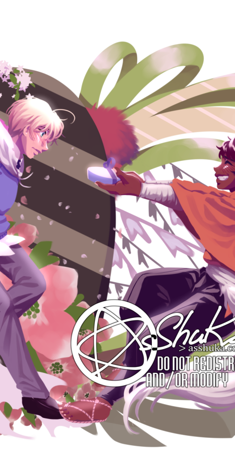 A painting of two boys in profile facing each other (the characters Yamanbagiri Kunihiro and Mutsunokami Yoshiyuki). The blond boy is hiding a present behind his back, with a giant tear-shaped chocolate box and flowers in the background on his side. The brunette boy is holding out a present, with ribbons and small flags in the background on his side.