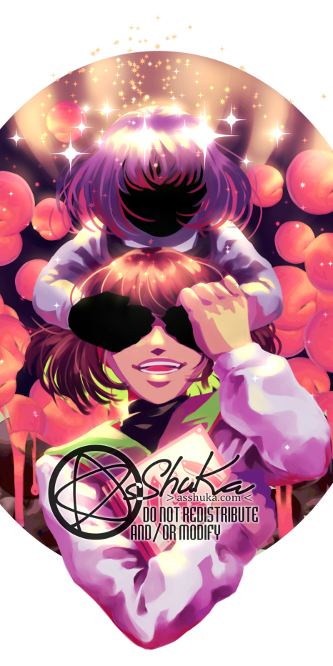 A painting of two girls (the characters Oginome Ringo and Oginome Momoka from Mawaru Penguindrum). The smaller girl has her skin completely in shadow while covering the larger girl's eyes. The larger girl keeps one of the smaller girl's hands on her eyes with a smile, while clutching a diary to her chest.