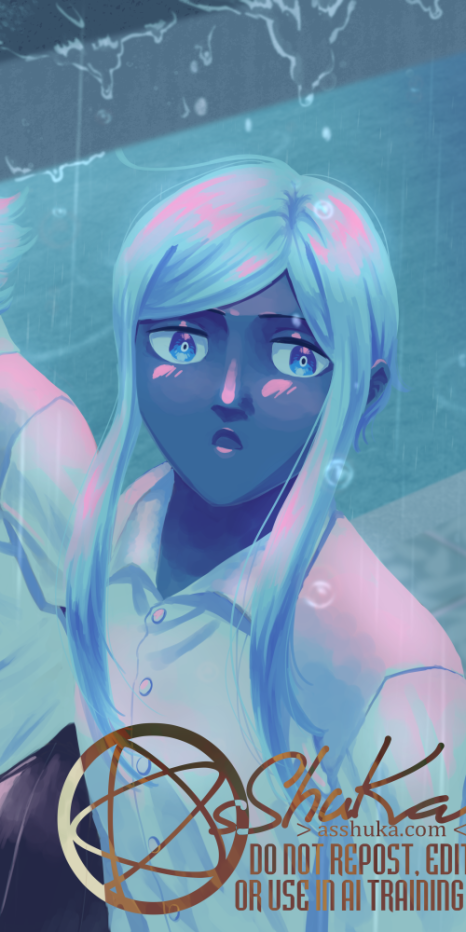 a cyan-tinted painting of two blue-haired youths walking on a outdoor roofed walkway as it rains. one is holding and looking at a handheld console (the Anbernic RG 406V) where a visual novel is being displayed, while the other one looks in wonder at the raindrops in front of him