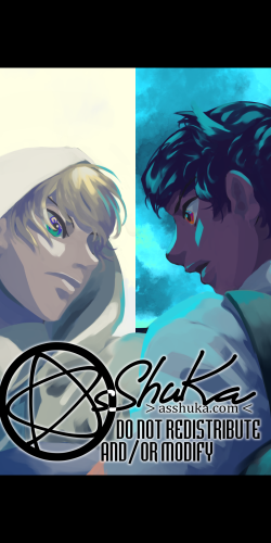 May 2020
<br />
A painting made to celebrate this pairing's day (628 for むつんば (mutsunba). Based on the songs Solitude's End and Gloomy Day by Hikarisyuyo. Featuring Yamanbagiri Kunihiro and Mutsunokami Yoshiyuki from Touken Ranbu. A painting of two boys facing each other (the characters Yamanbagiri Kunihiro and Mutsunokami Yoshiyuki from Touken Ranbu). The background is split, depicting a cloudy afternoon sky behind the blond boy, and a blue moon on a cloudy dark sky behind the brunette boy.