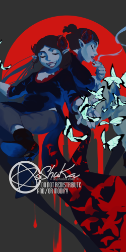 Feb 2020
<br />
An attempt to draw Homestuck characters in aodai with a fun contrasting color scheme. Featuring Aradia and Damara Megido. Painting of two women with horns wearing variations of aodai. One is releasing strange butterflies from her hands, and one is smoking.