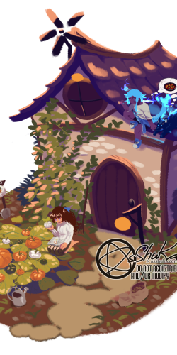 Oct 2020
<br />
Celebrating Halloween with a fantasy approach rather than a spooky one. It was a lot of fun conceptualizing what the house should look like. This style is enjoyable to work with in general, I would like to do more with it. Story book-like painting of a cartoony house on a circle of dirt. To the left is a pumpkin patch with a boy and a girl. To the right, on the house's roof, is a blue-haired youth (with scales and a dragon's tail) and a giant wolf, both of whom is thinking of a spicy pumpkin dish. The boy on the right seems to have noticed and is baffled by them, while the girl is focused on her biology book.