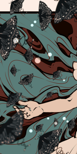 Feb 2021
<br />Inspired by the strong contrast and flow of traditional illustrations CLAMP made for Tsubasa. This was done with the paint and erase technique to mimic an inked look. A drawing of a girl with bold outlines. She's extending out one hand, her wavy hair impossibly long. There are strange moths flying all over the space.