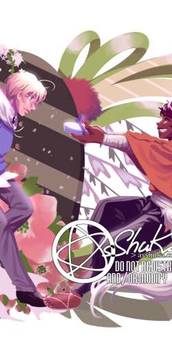 Feb 2021
<br />
A Valentine's Day illustration with fun composition. Featuring Yamanbagiri Kunihiro and Mutsunokami Yoshiyuki from Touken Ranbu. A painting of two boys in profile facing each other (the characters Yamanbagiri Kunihiro and Mutsunokami Yoshiyuki). The blond boy is hiding a present behind his back, with a giant tear-shaped chocolate box and flowers in the background on his side. The brunette boy is holding out a present, with ribbons and small flags in the background on his side.
