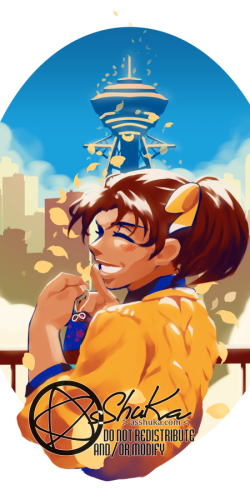 Oct 2020
<br />
Patreon reward for the month. Something nice and light with this lovely color scheme. Featuring Toyama Kazuha from Detective Conan. A painting of a girl with a ponytail (the character Toyama Kazuha from Detective Conan). She's holding up a blue omamori and putting an index figer on her smile in a shushing gesture. The silhouettes of Osaka city and the Osaka Tower can be seen in the background.